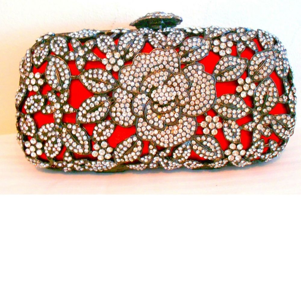 Ins Minaudiere Evening Handbag Crystal Red Beaded Flower Silver Floral Bag New
